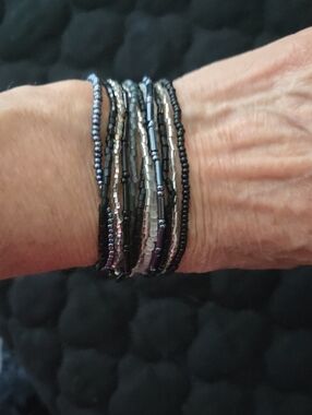 Multi-Strand Black and Silver Beaded Wrap Bracelet - Women Jewelry